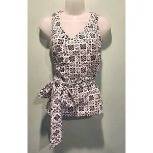 Boden Black White Floral Linen Blend Sleeveless Wrap Top Sz 2
